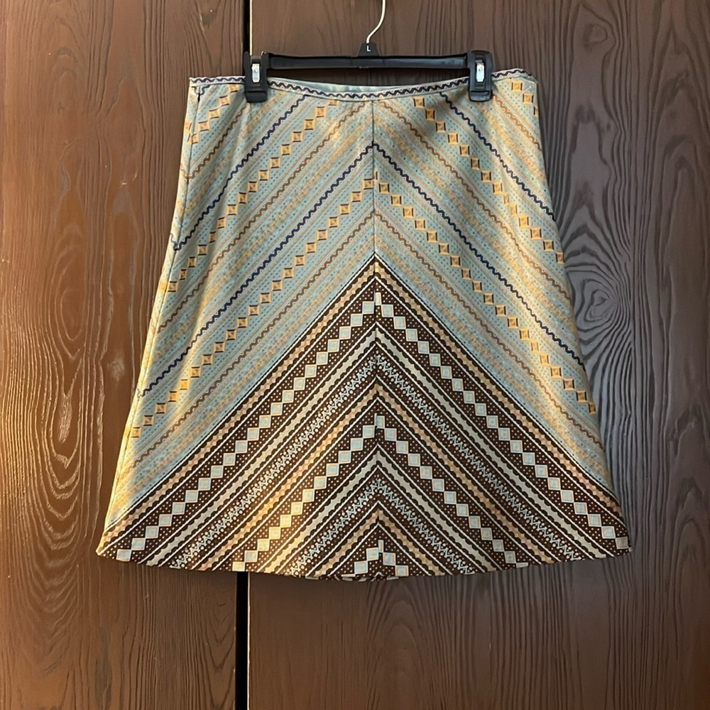 M.L.L.P  beautiful aqua,navy, gold silk appearance skirt. Size 10